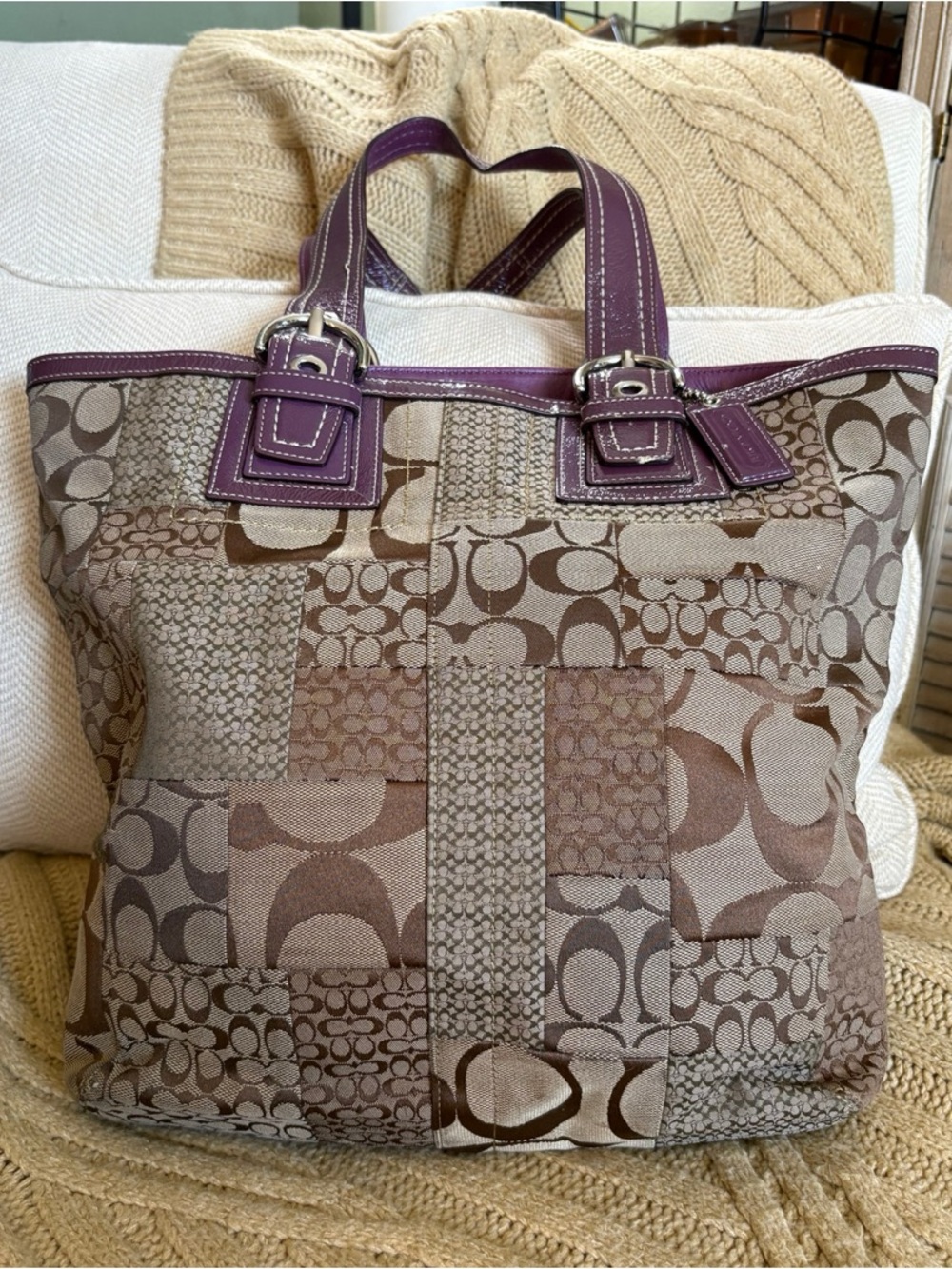 Coach Patchwork Signature Tote with Plum Leather Trim